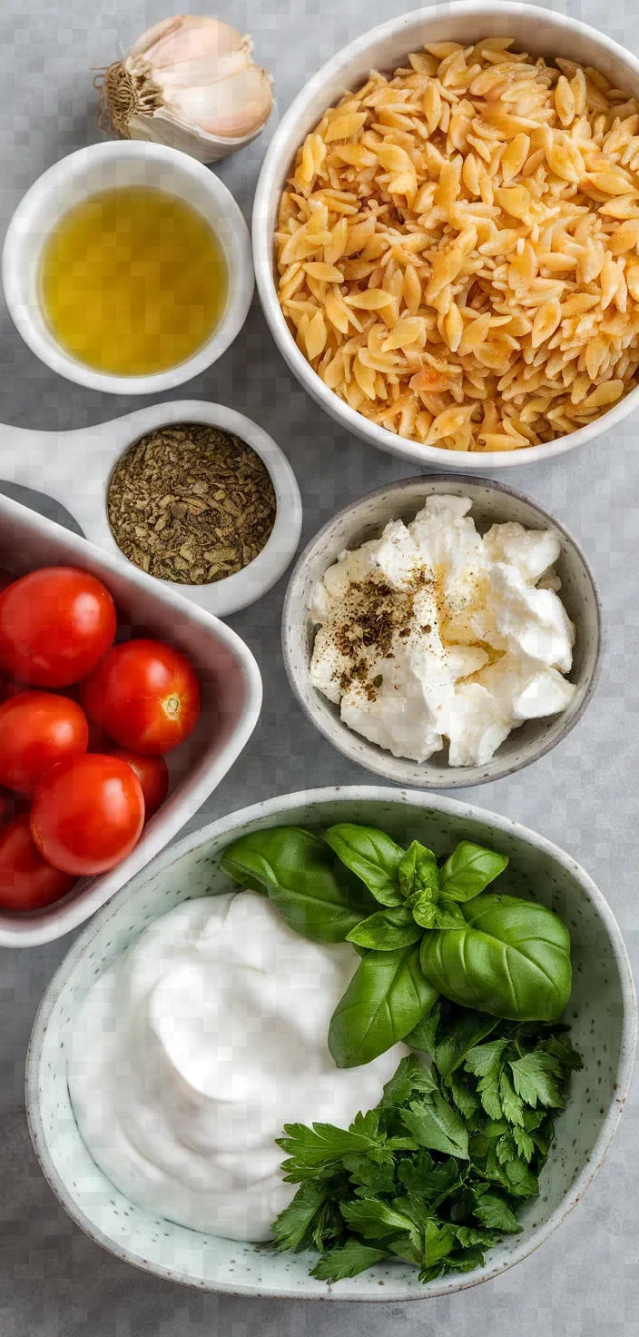 Ingredients photo for Tomato Orzo Pasta Feta Yoghurt Recipe