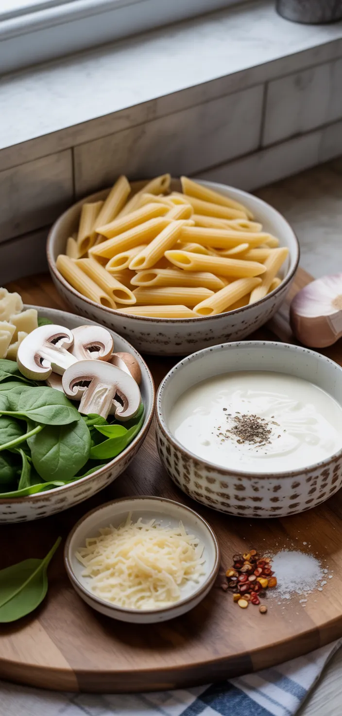 Ingredients photo for Creamy Parmesan Spinach Mushroom Pasta Recipe