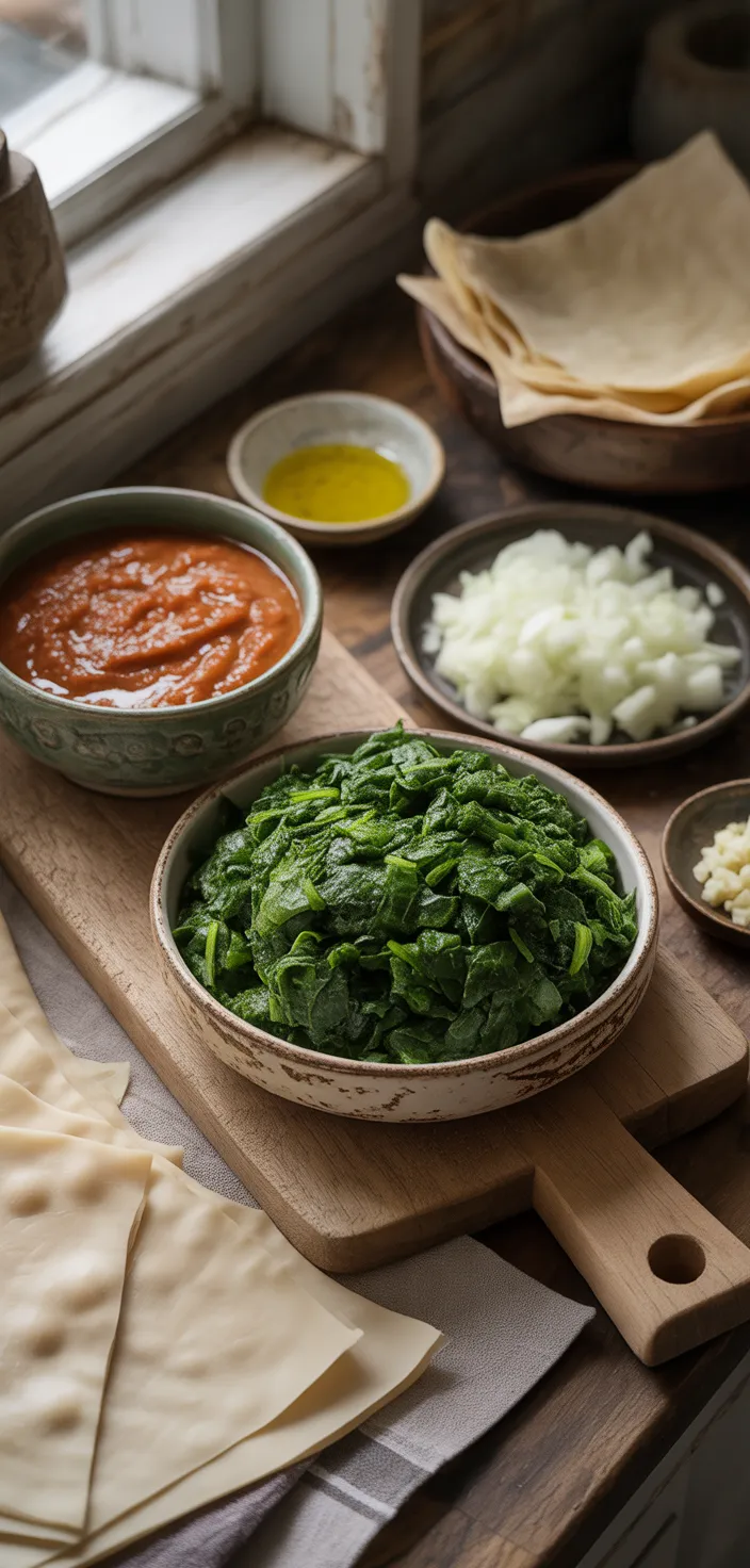 Ingredients photo for Turkish Borek (Crispy Vegan Spinach Rolls Snack) Recipe