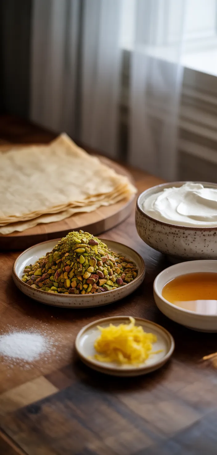 Ingredients photo for Honey Pistachio Baklava Cheesecake Recipe