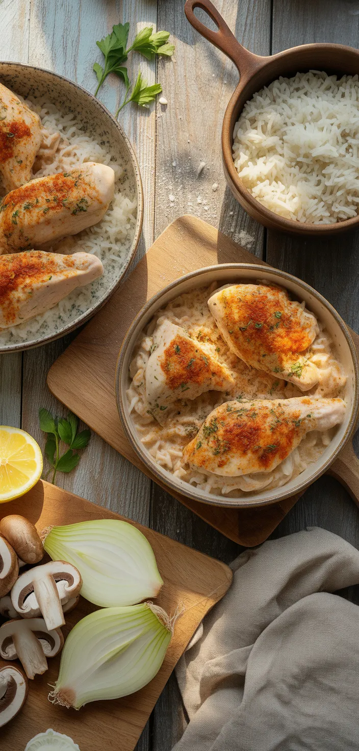 Ingredients photo for Quick And Easy Creamy Smothered Chicken And Rice For Busy Weeknights Recipe