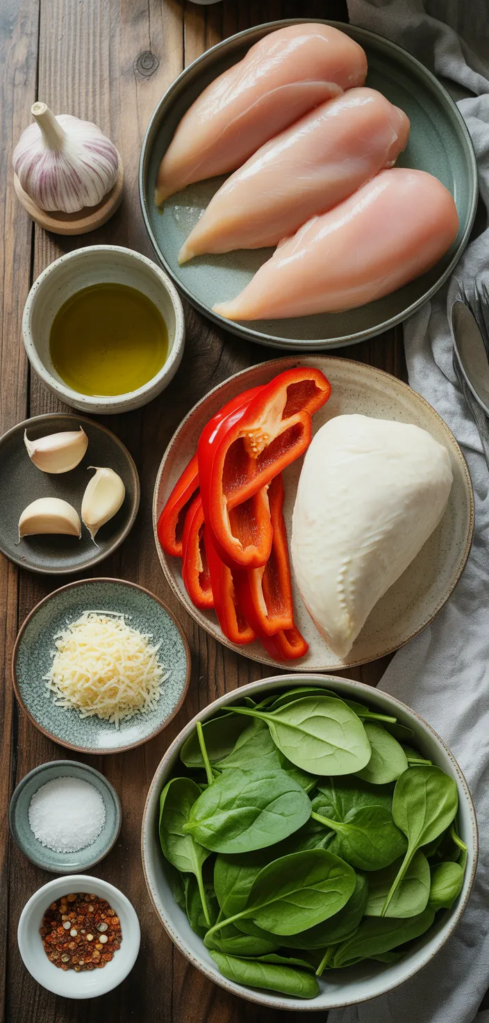Ingredients photo for Savory Stuffed Chicken With Roasted Red Peppers, Spinach, And Mozzarella Recipe