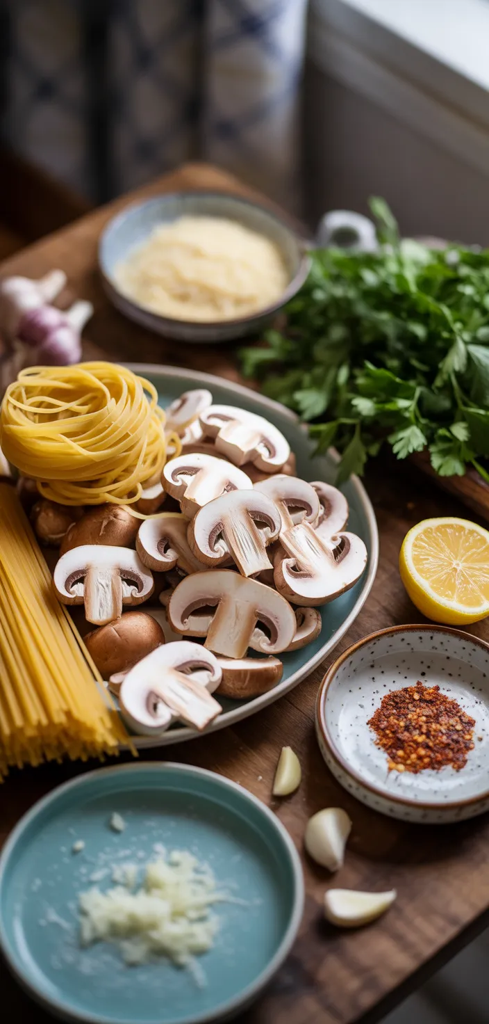 Ingredients photo for Garlic Mushroom Pasta Recipe For Easy Weeknight Dinners