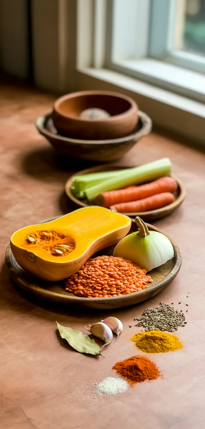 Ingredients photo for Vegan Butternut Squash Lentil Soup Recipe
