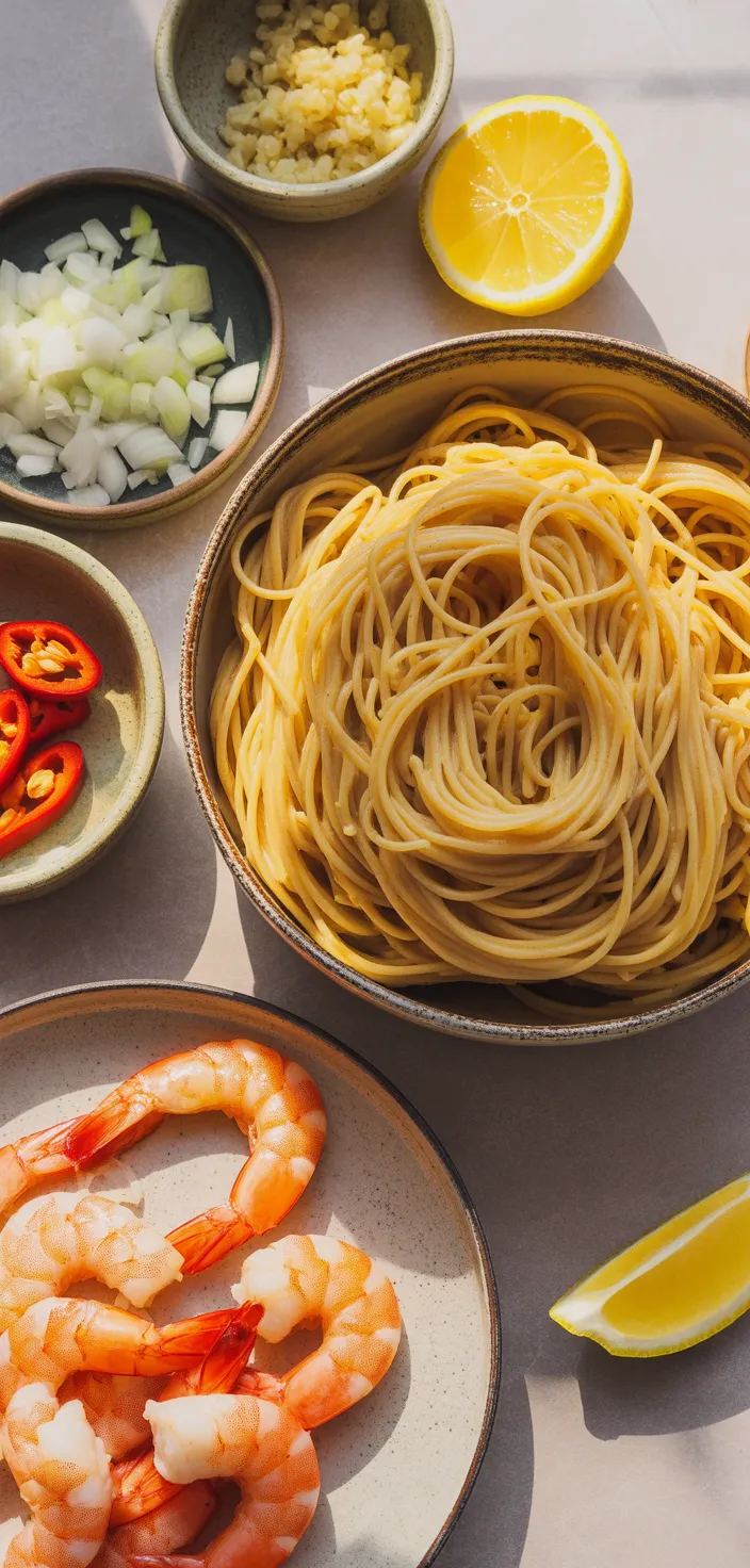 Ingredients photo for Chilli Garlic Prawn Pasta Recipe
