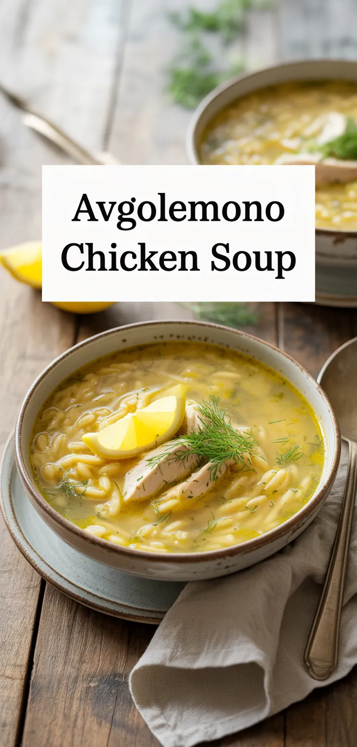 A photo of Greek Lemon Chicken Orzo Soup (Kotosoupa Avgolemono) Recipe