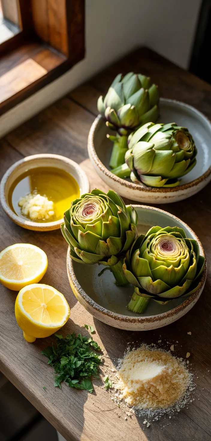 Ingredients photo for Lemon Garlic Roasted Artichokes Recipe