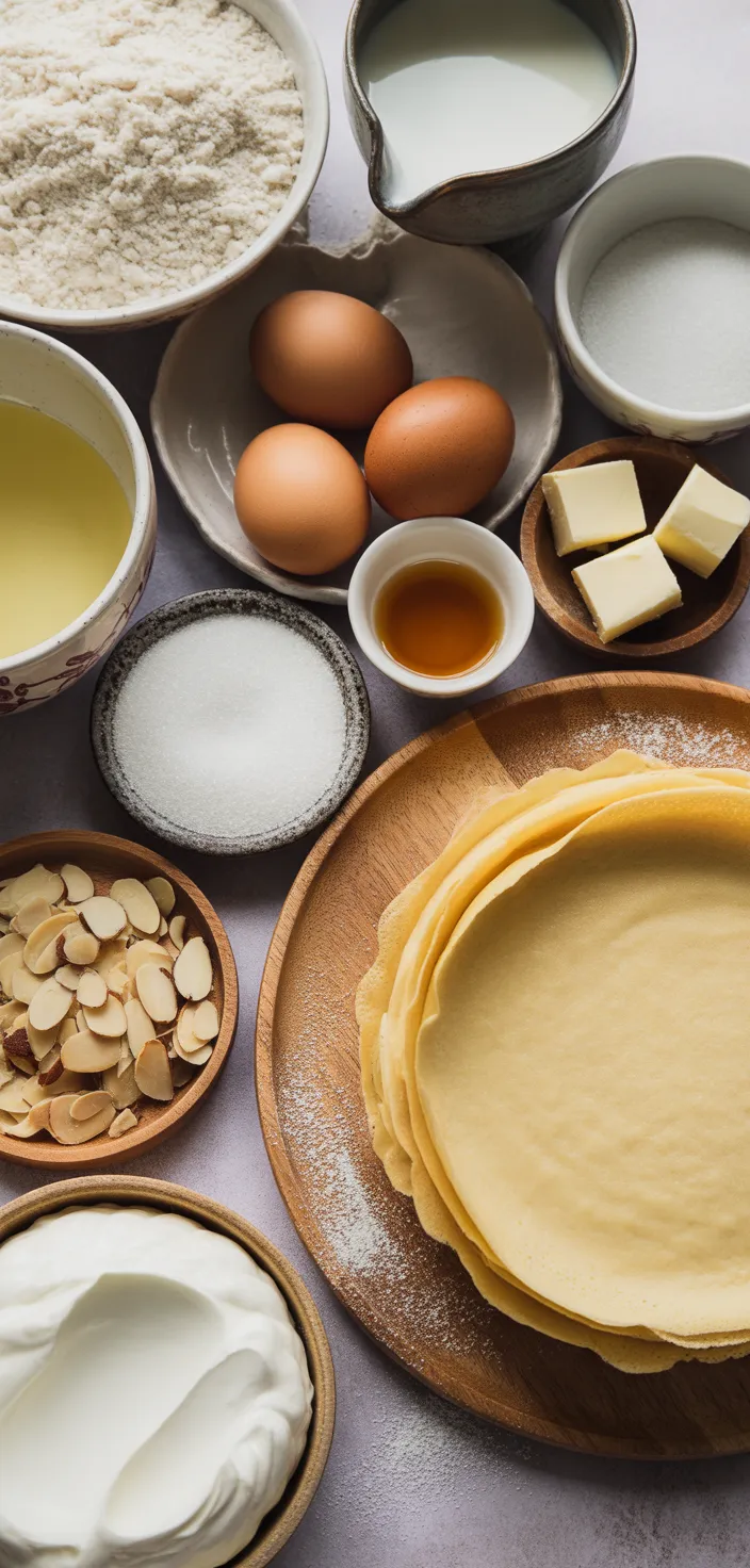 Ingredients photo for Almond Cream Crepe Cake. Recipe