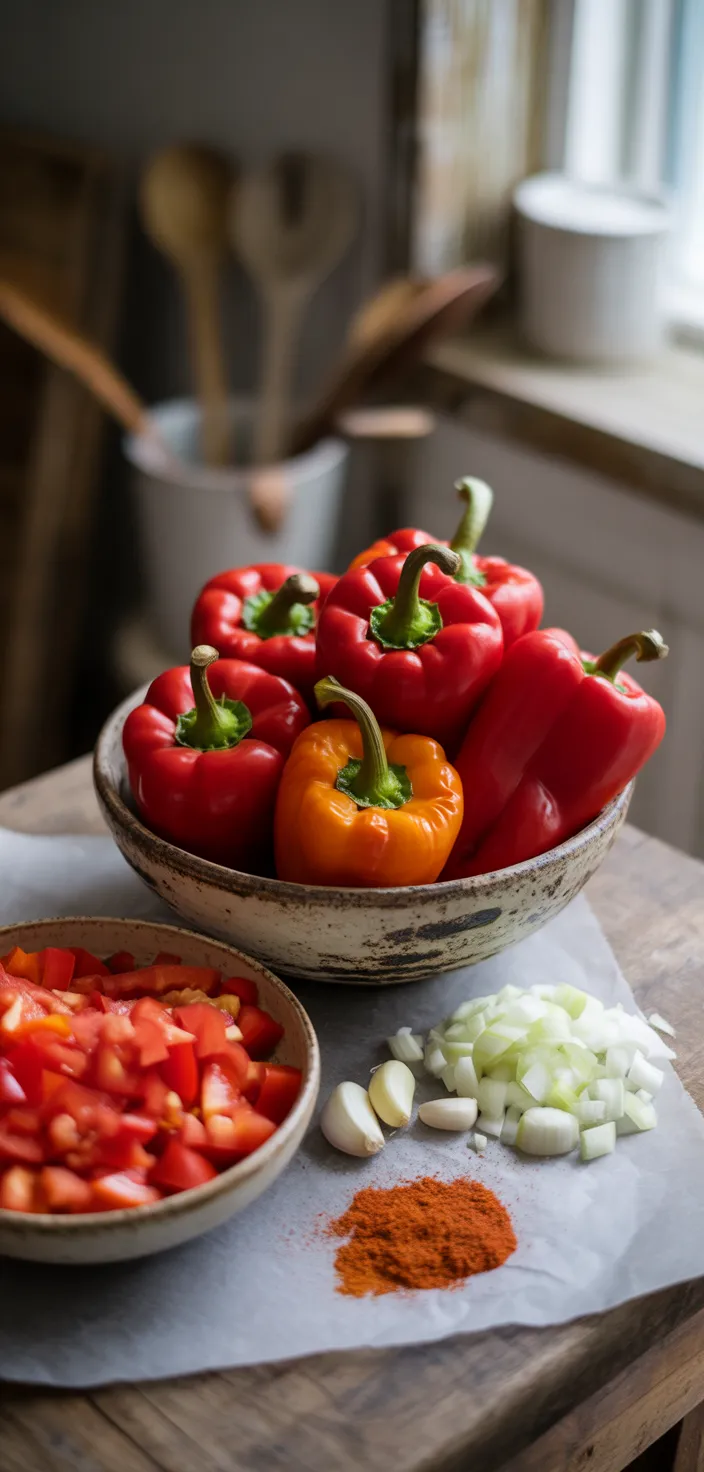 Ingredients photo for Easy Roasted Red Pepper Soup (with Gouda & Tomato) Recipe