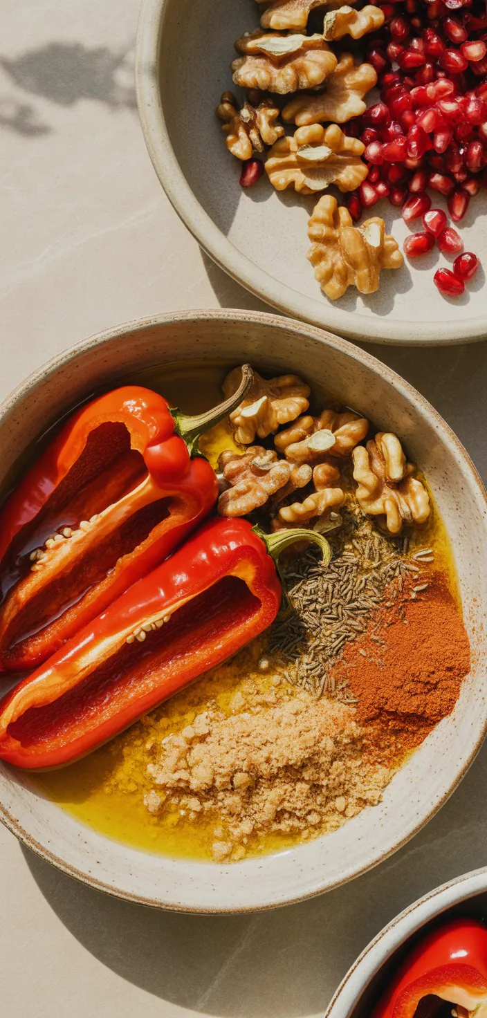 Ingredients photo for Muhammara (Red Pepper Walnut Dip) Recipe