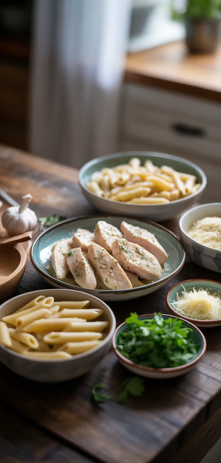 Ingredients photo for Creamy Garlic Parmesan Chicken Pasta – Easy, Cheesy Weeknight Dinner Recipe